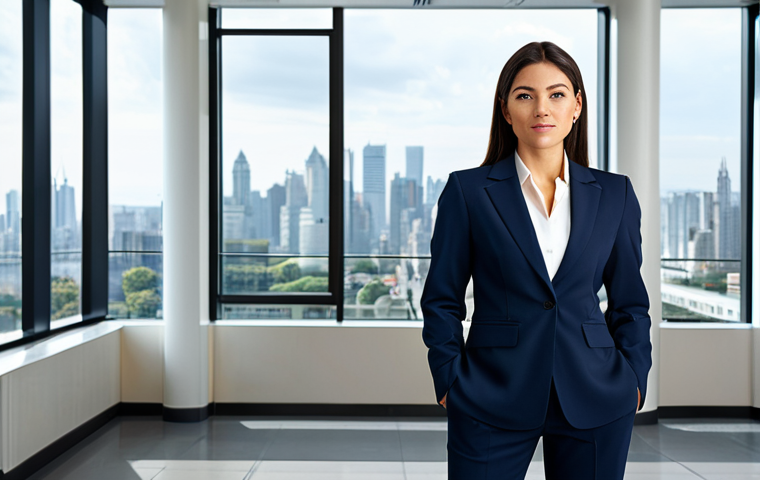 Business Professional**
A confident businesswoman in a tailored, fully clothed, professional business suit, standing in a modern office lobby with large windows overlooking a bustling city. Appropriate attire, safe for work, perfect anatomy, natural proportions, professional photography, high quality.
**