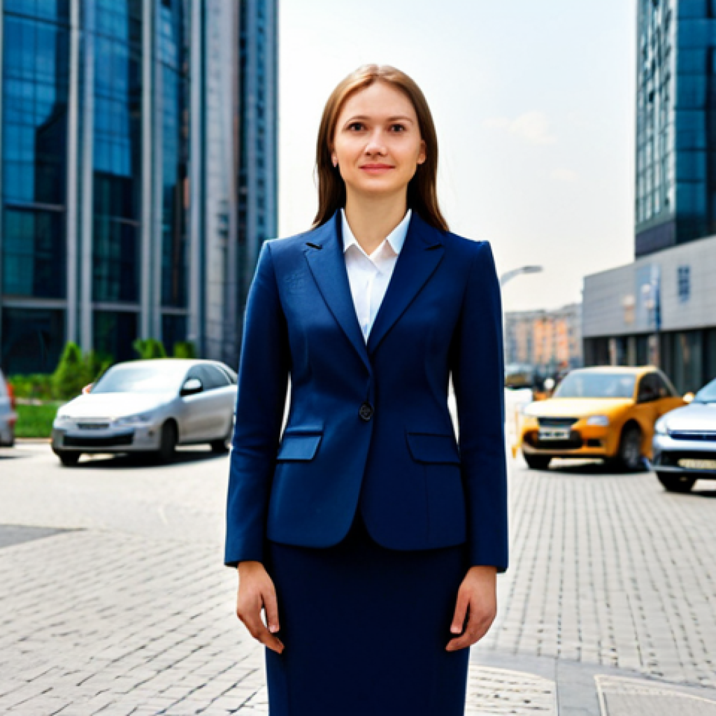 **

A successful businesswoman, fully clothed in a professional and modest dark blue business suit, stands confidently in front of a modern Moscow office building. The background shows a bustling city street with blurred cars and pedestrians. Perfect anatomy, correct proportions, natural pose. Safe for work, appropriate content, professional, high quality, well-formed hands, proper finger count, natural body proportions.

**