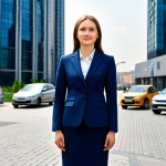 **

A successful businesswoman, fully clothed in a professional and modest dark blue business suit, stands confidently in front of a modern Moscow office building. The background shows a bustling city street with blurred cars and pedestrians. Perfect anatomy, correct proportions, natural pose. Safe for work, appropriate content, professional, high quality, well-formed hands, proper finger count, natural body proportions.

**