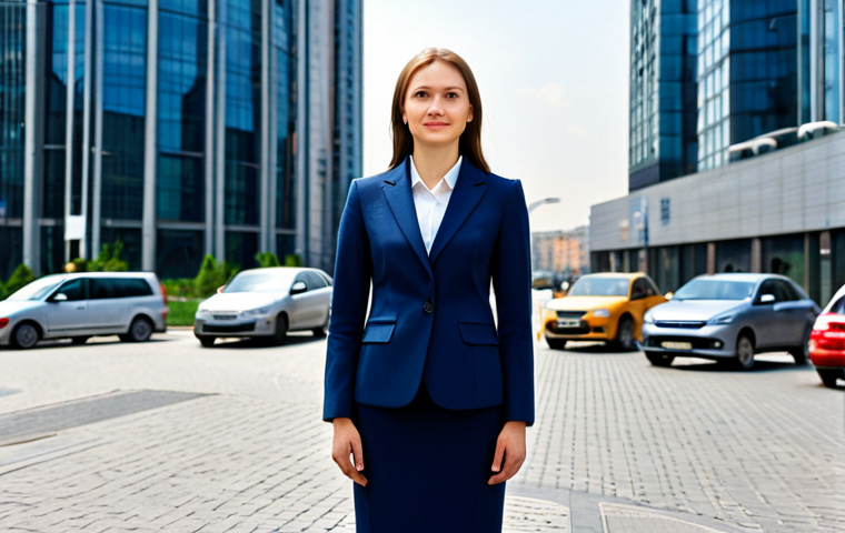**
A successful businesswoman, fully clothed in a professional and modest dark blue business suit, stands confidently in front of a modern Moscow office building. The background shows a bustling city street with blurred cars and pedestrians. Perfect anatomy, correct proportions, natural pose. Safe for work, appropriate content, professional, high quality, well-formed hands, proper finger count, natural body proportions.
**