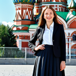 **

"A professional businesswoman in Moscow, standing in front of St. Basil's Cathedral. She's wearing a stylish, modest business suit (dark skirt, tailored jacket, blouse). She has a confident, friendly expression. The background is a bright, sunny day. Fully clothed, appropriate attire, safe for work, perfect anatomy, natural proportions, professional photograph, high quality, family-friendly."

**