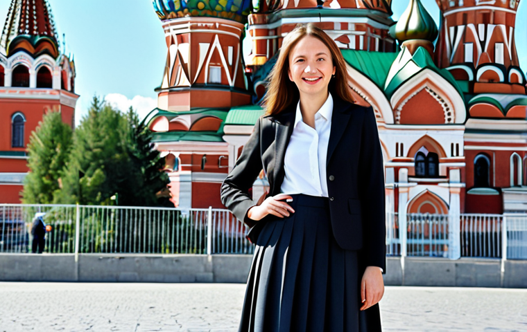 **

"A professional businesswoman in Moscow, standing in front of St. Basil's Cathedral. She's wearing a stylish, modest business suit (dark skirt, tailored jacket, blouse). She has a confident, friendly expression. The background is a bright, sunny day. Fully clothed, appropriate attire, safe for work, perfect anatomy, natural proportions, professional photograph, high quality, family-friendly."

**